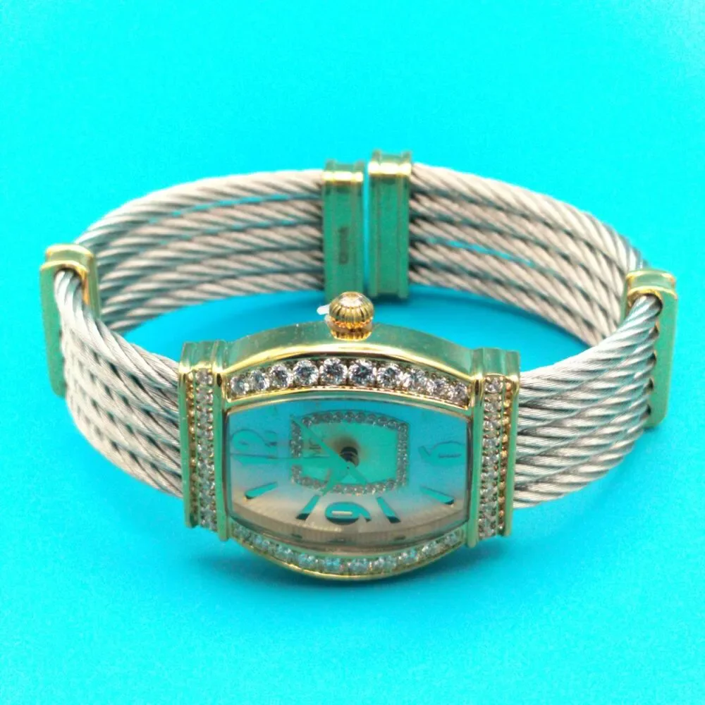 DMQ Women's Gold Tone Cubic Zirconia Mother of Pearl Dial Cable Bangle Watch